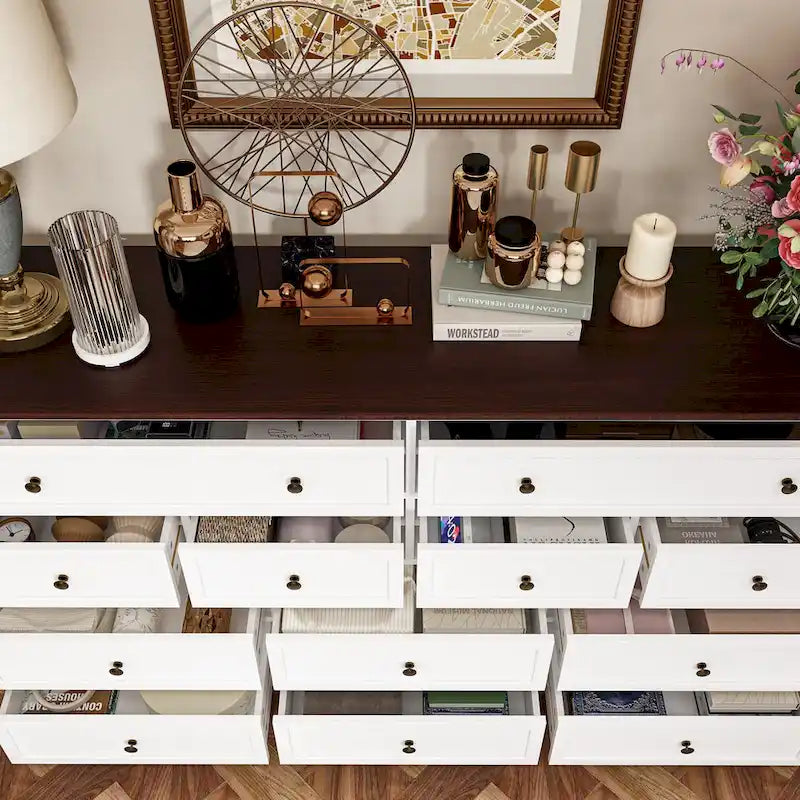 Commode polyvalente à 12 tiroirs en bois massif - Chiffonnier brun et blanc