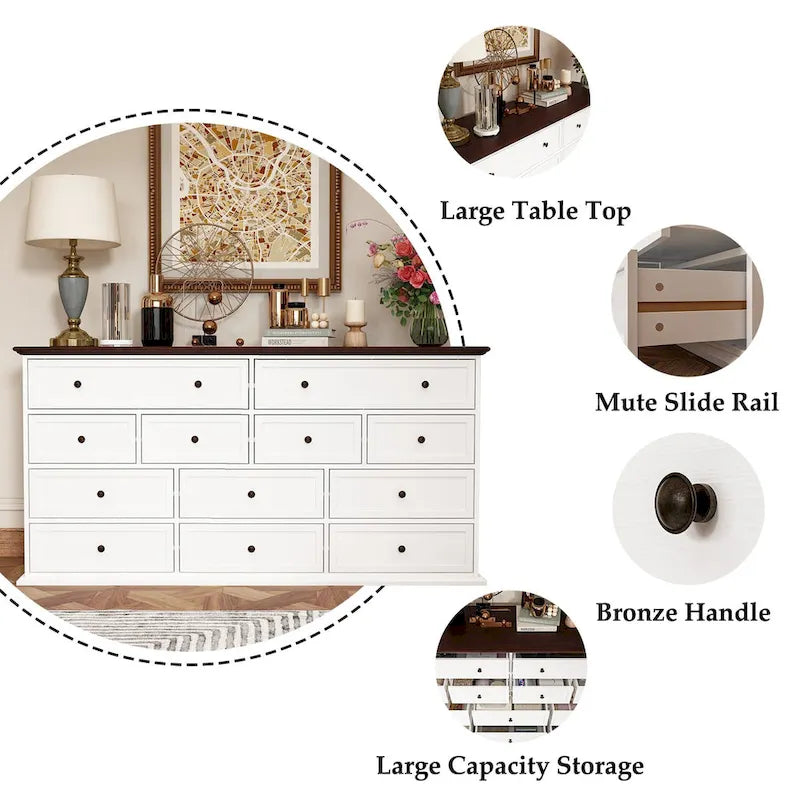 Commode polyvalente à 12 tiroirs en bois massif - Chiffonnier brun et blanc
