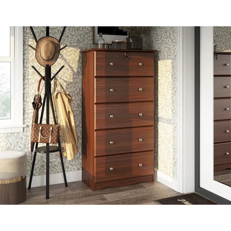 Commode 5 grands tiroirs en bois massif avec serrure, poignées en métal ou en bois