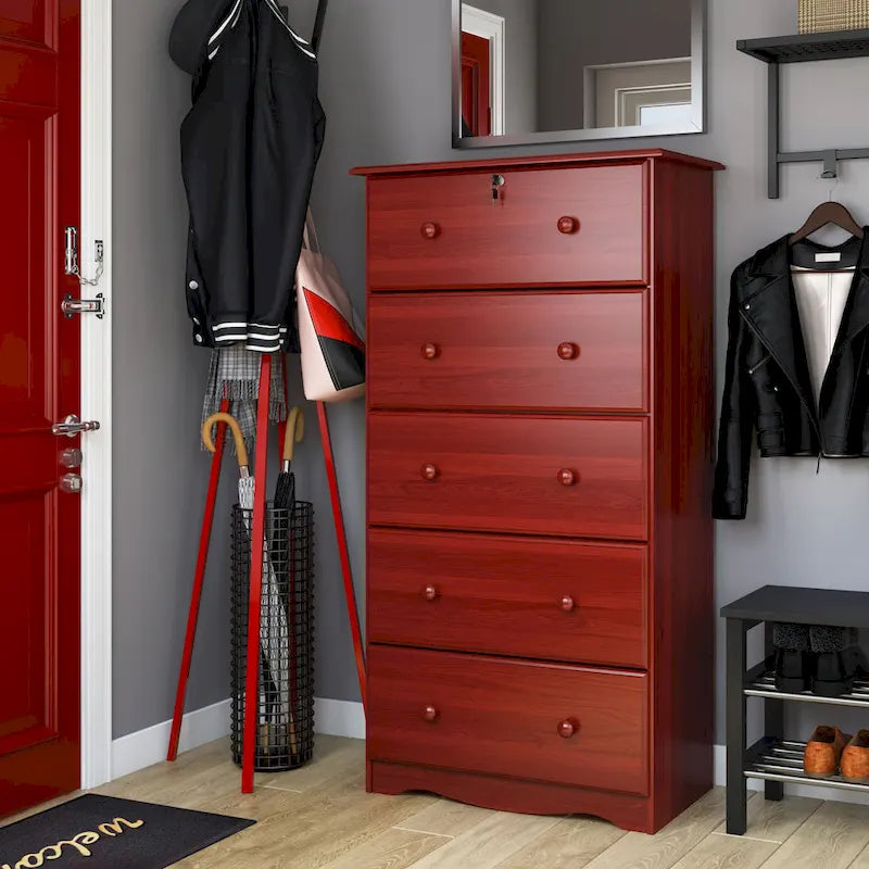 Commode 5 grands tiroirs en bois massif avec serrure, poignées en métal ou en bois