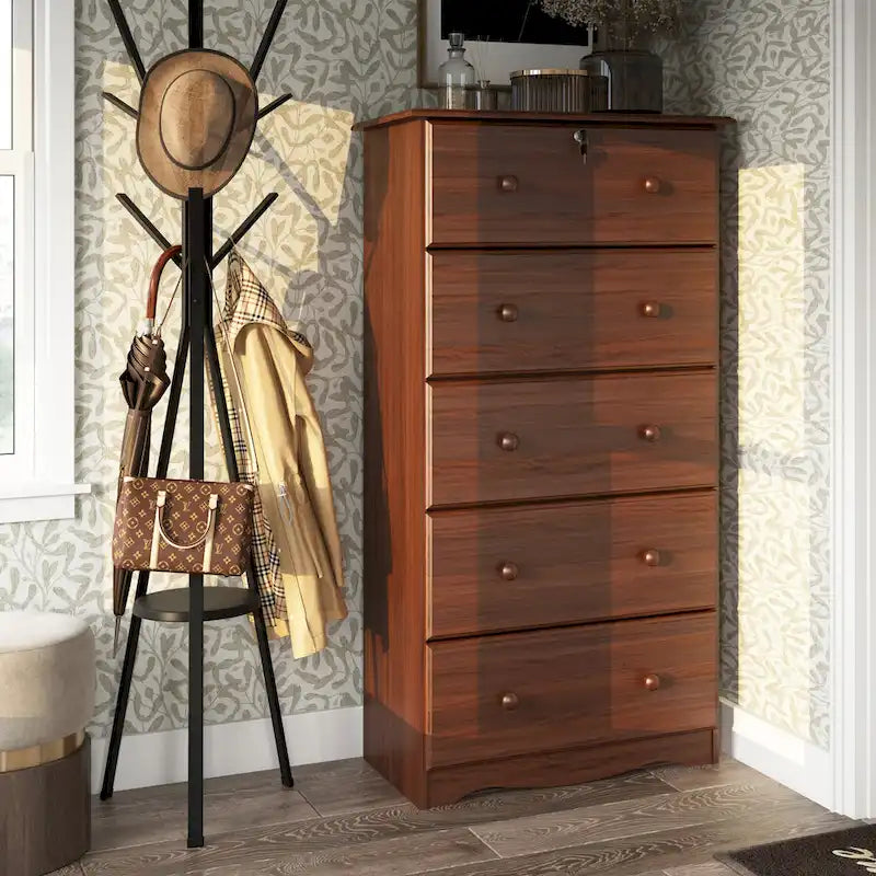 Commode 5 grands tiroirs en bois massif avec serrure, poignées en métal ou en bois