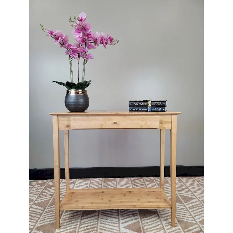Solid Bamboo 2-Tier Console Table with Drawer