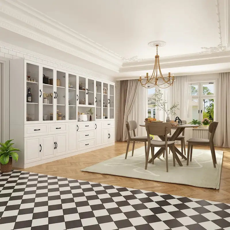 Grand buffet blanc, meuble de cuisine élégant avec portes vitrées d'exposition