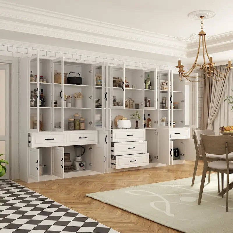 Grand buffet blanc, meuble de cuisine élégant avec portes vitrées d'exposition