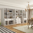 Grand buffet blanc, meuble de cuisine élégant avec portes vitrées d'exposition