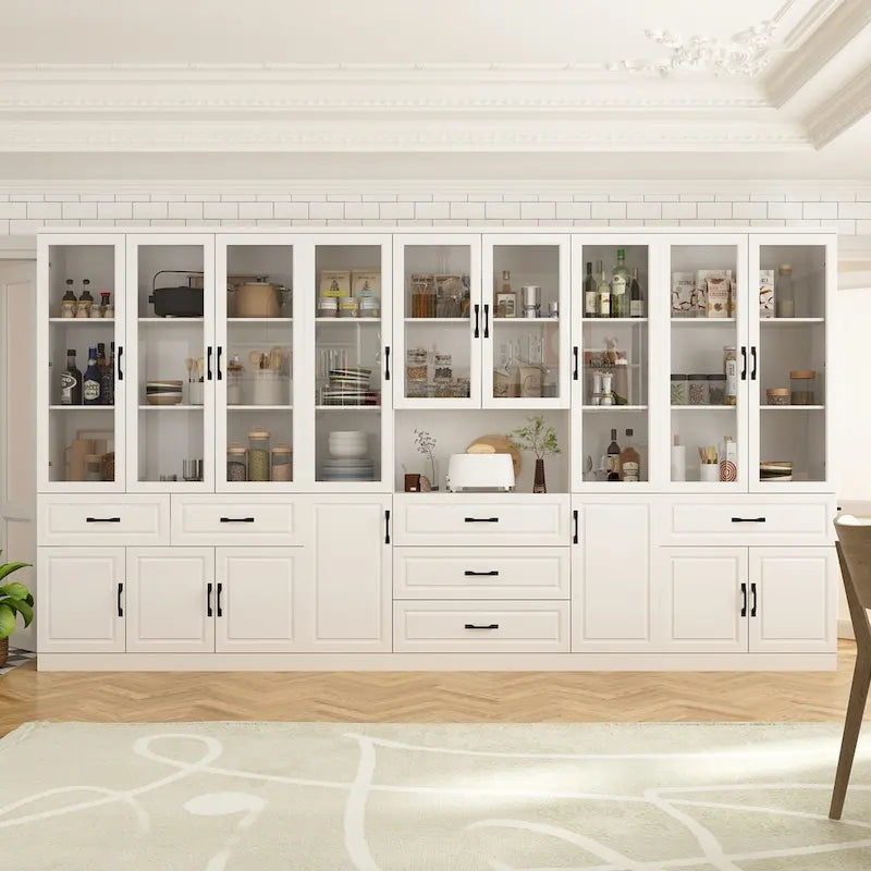 Grand buffet blanc, meuble de cuisine élégant avec portes vitrées d'exposition
