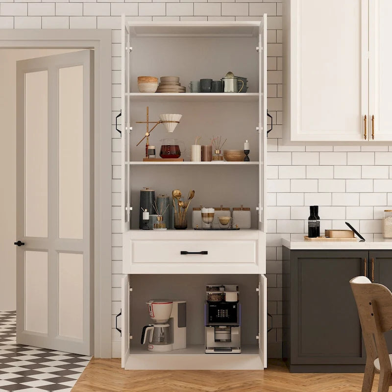 Grand buffet blanc, meuble de cuisine élégant avec portes vitrées d'exposition