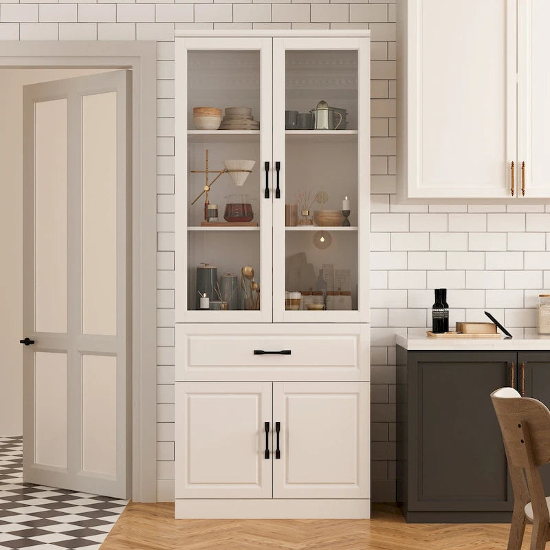 Grand buffet blanc, meuble de cuisine élégant avec portes vitrées d'exposition