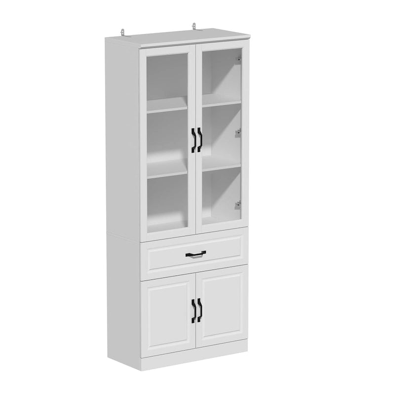 Grand buffet blanc, meuble de cuisine élégant avec portes vitrées d'exposition