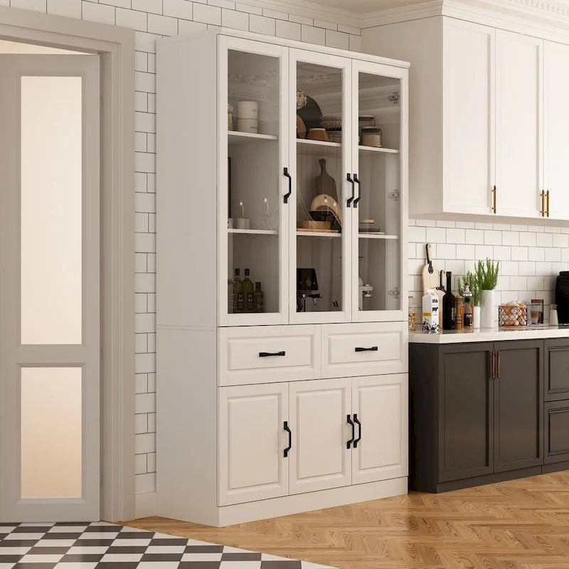 Grand buffet blanc, meuble de cuisine élégant avec portes vitrées d'exposition
