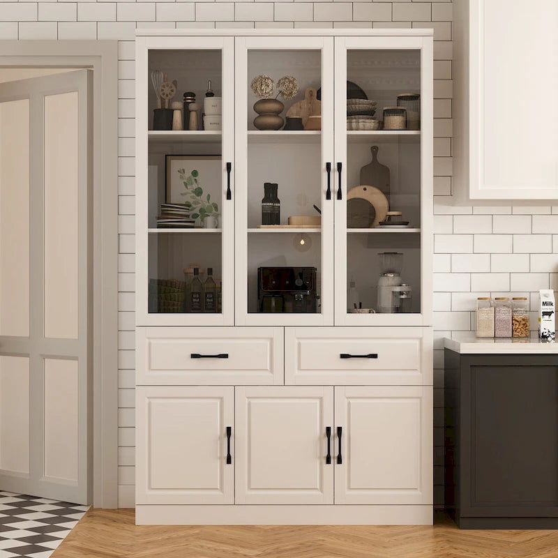 Grand buffet blanc, meuble de cuisine élégant avec portes vitrées d'exposition