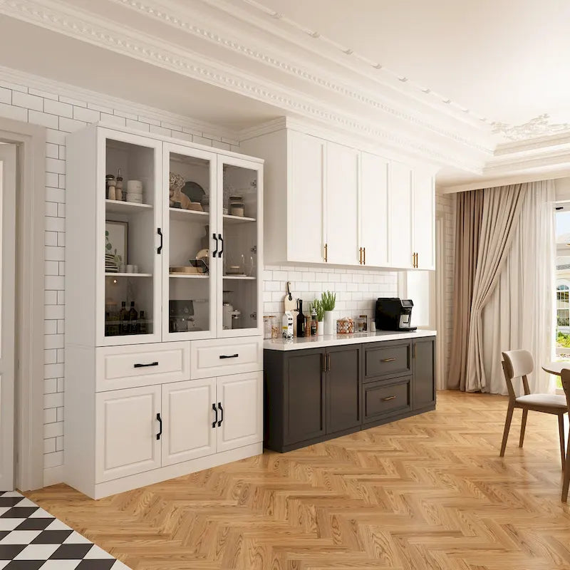 Grand buffet blanc, meuble de cuisine élégant avec portes vitrées d'exposition