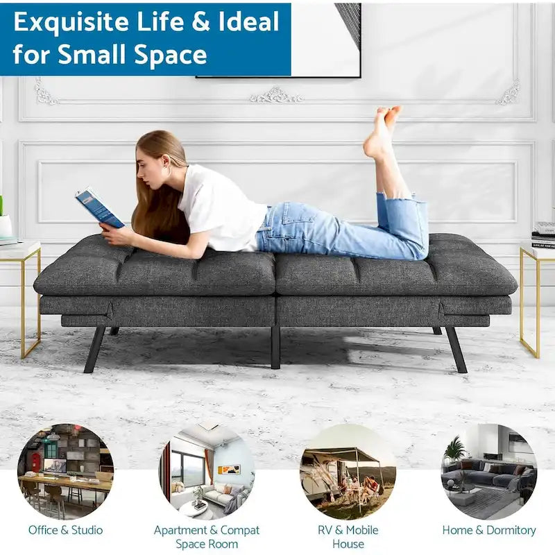 Canapé-lit futon, canapé convertible pliable en mousse à mémoire de forme avec accoudoirs réglables pour petits espaces