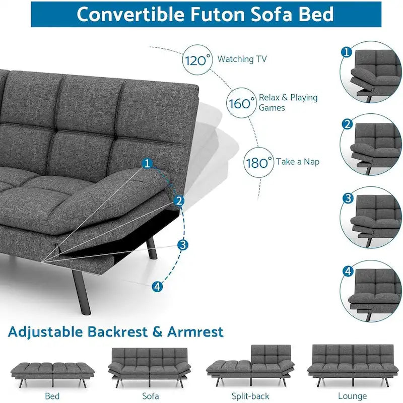 Canapé-lit futon, canapé convertible pliable en mousse à mémoire de forme avec accoudoirs réglables pour petits espaces