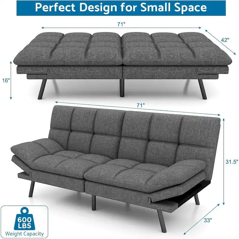 Canapé-lit futon, canapé convertible pliable en mousse à mémoire de forme avec accoudoirs réglables pour petits espaces