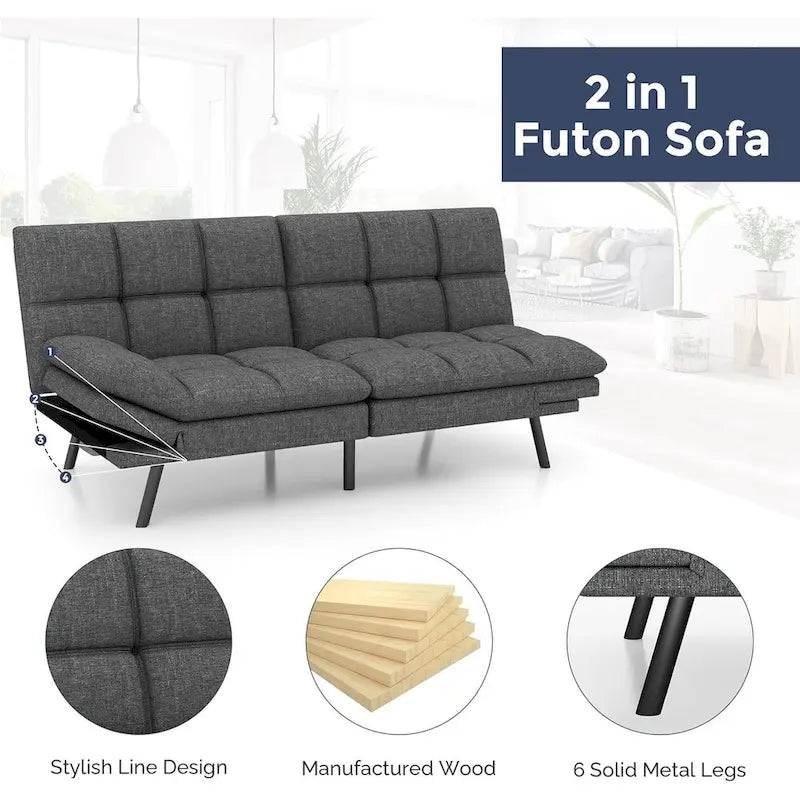 Canapé-lit futon, canapé convertible pliable en mousse à mémoire de forme avec accoudoirs réglables pour petits espaces
