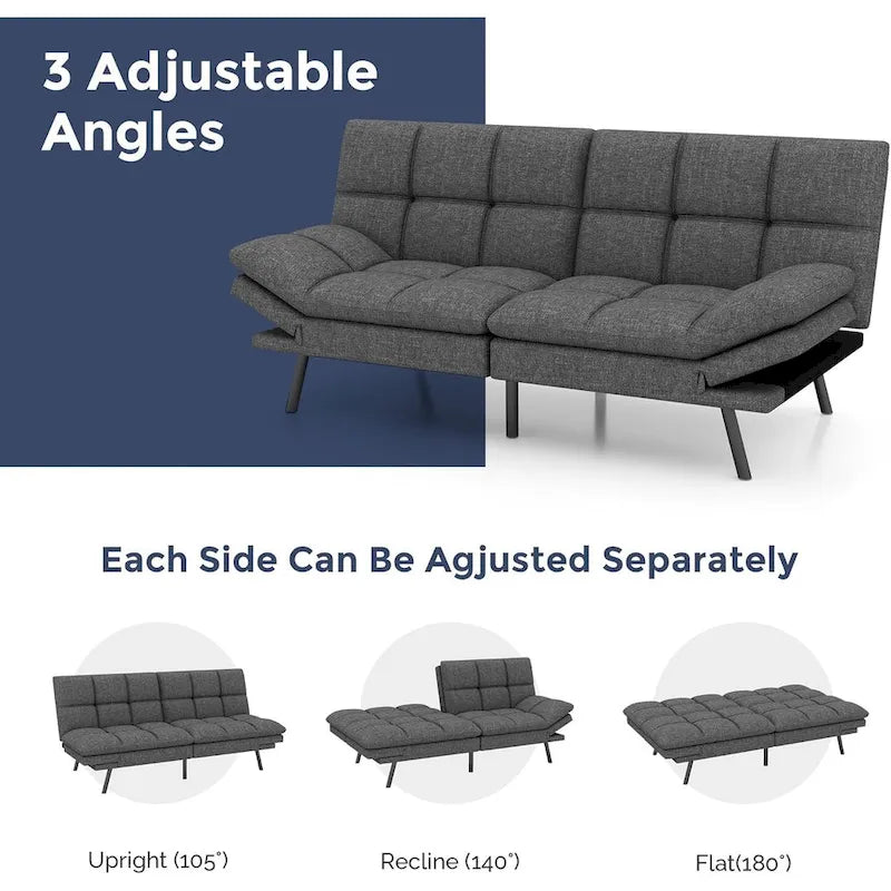 Canapé-lit futon, canapé convertible pliable en mousse à mémoire de forme avec accoudoirs réglables pour petits espaces