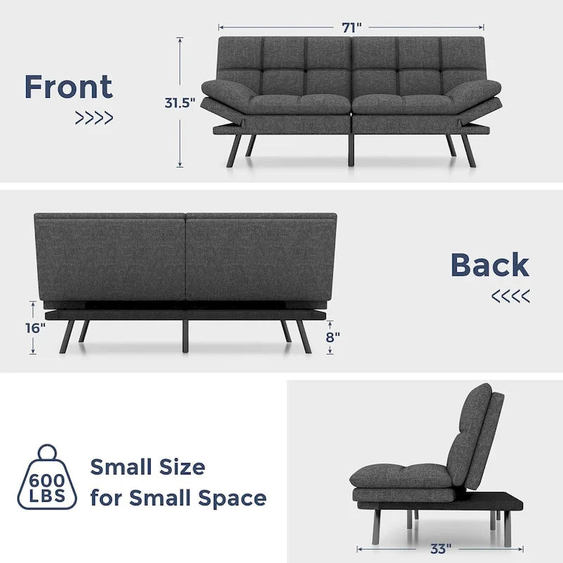 Canapé-lit futon, canapé convertible pliable en mousse à mémoire de forme avec accoudoirs réglables pour petits espaces