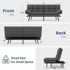 Canapé-lit futon, canapé convertible pliable en mousse à mémoire de forme avec accoudoirs réglables pour petits espaces