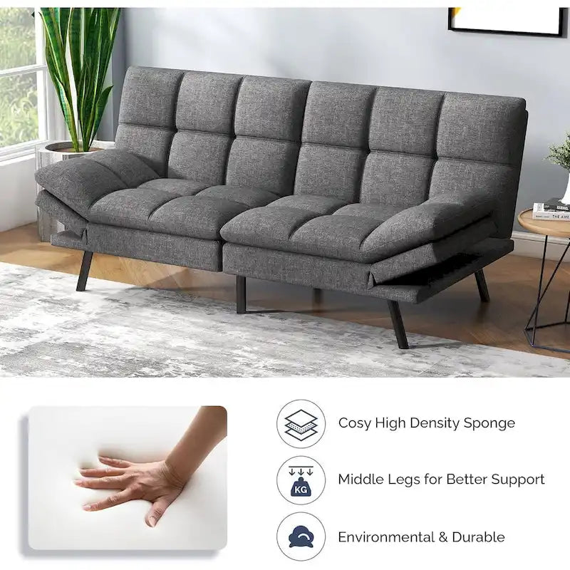 Canapé-lit futon, canapé convertible pliable en mousse à mémoire de forme avec accoudoirs réglables pour petits espaces