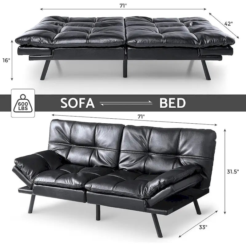 Canapé-lit futon, canapé convertible pliable en mousse à mémoire de forme avec accoudoirs réglables pour petits espaces