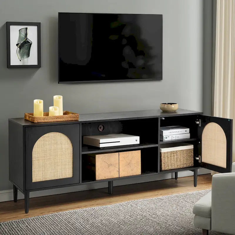 Meuble TV et centre de divertissement moderne en rotin tressé (avec portes à ouverture par pression)