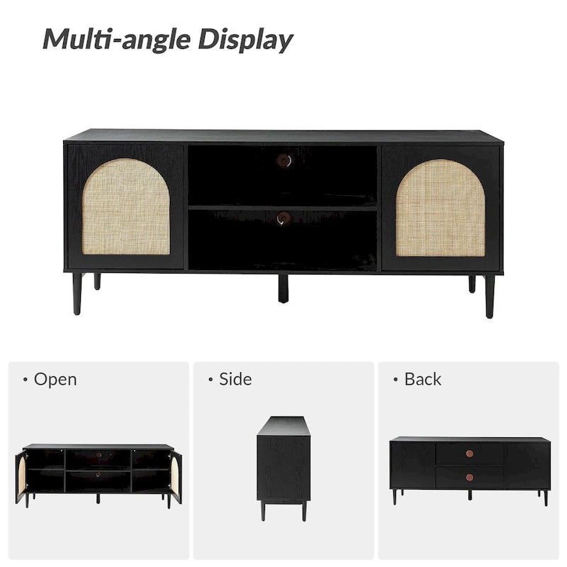 Modern Rattan-Woven TV Cabinet & Entertainment Center (with Push-to-Open Doors)