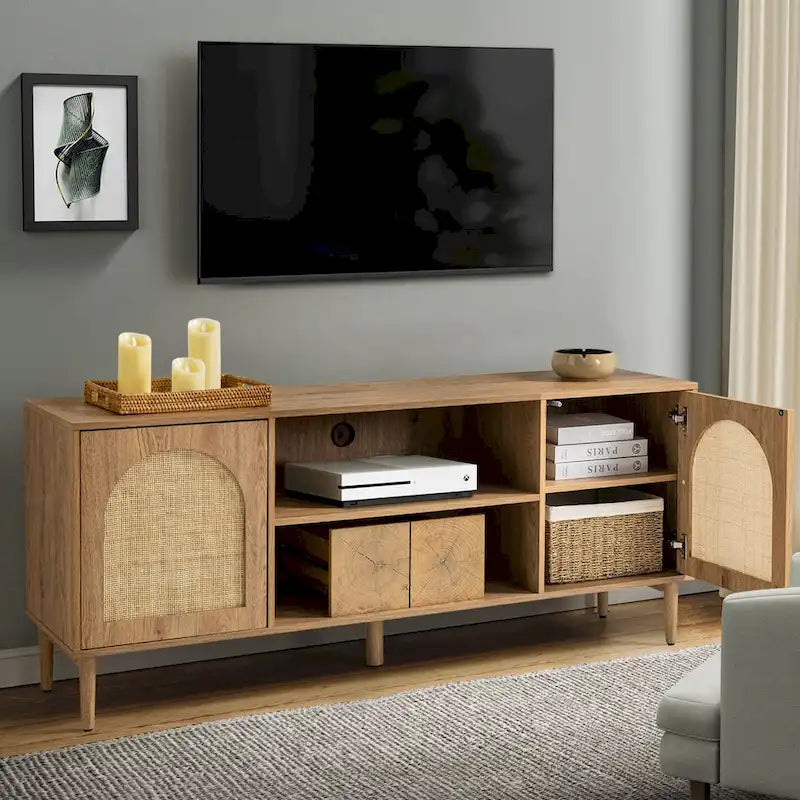 Meuble TV et centre de divertissement moderne en rotin tressé (avec portes à ouverture par pression)