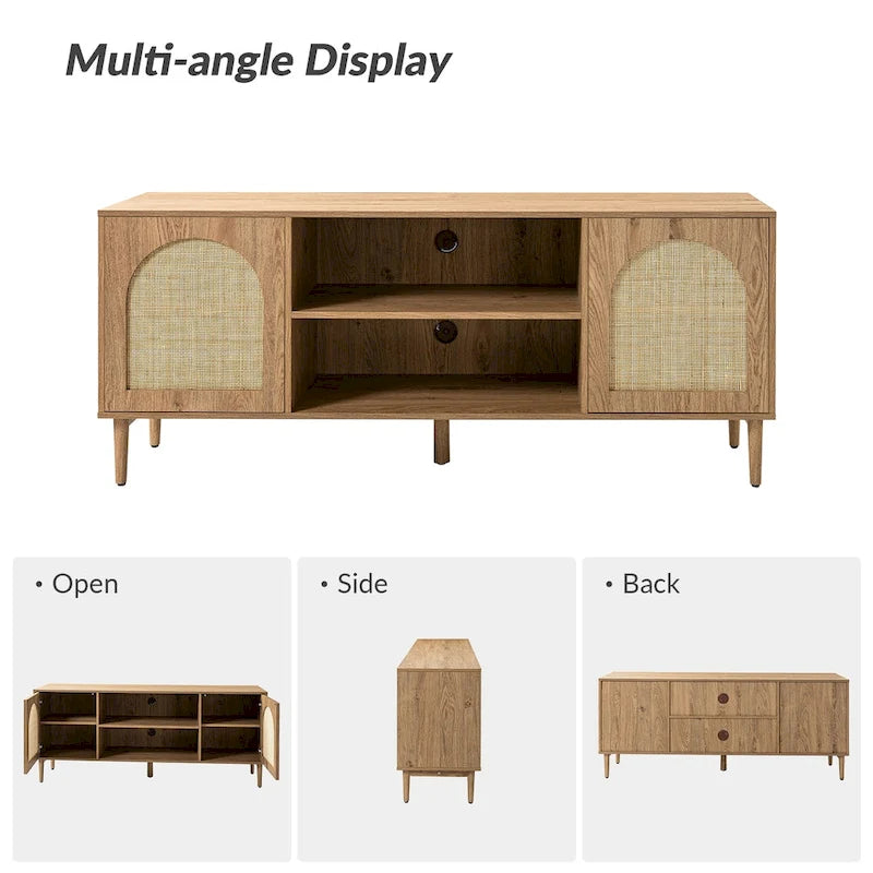 Modern Rattan-Woven TV Cabinet & Entertainment Center (with Push-to-Open Doors)
