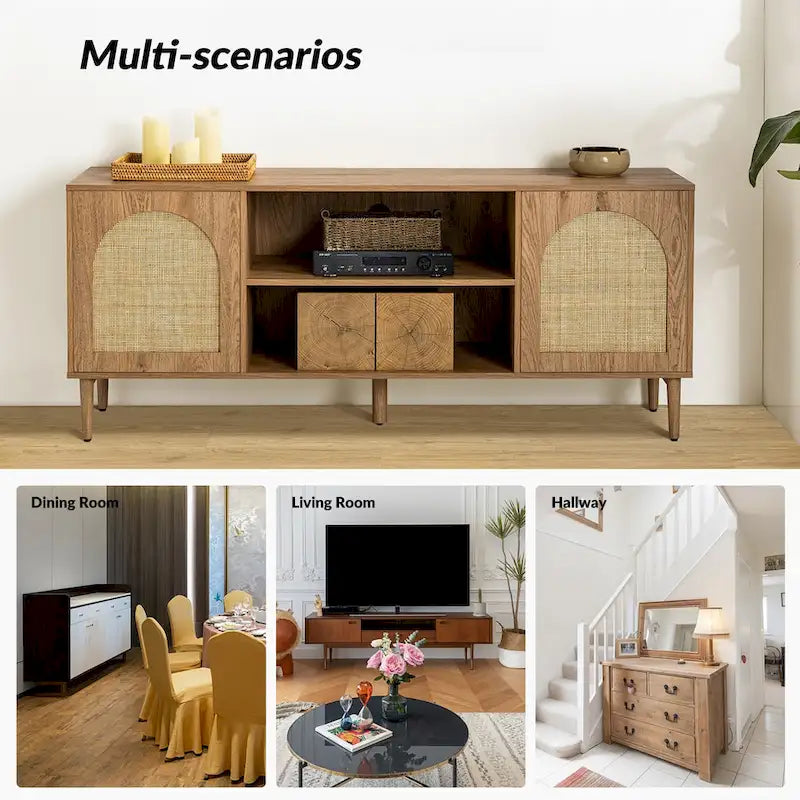 Meuble TV et centre de divertissement moderne en rotin tressé (avec portes à ouverture par pression)