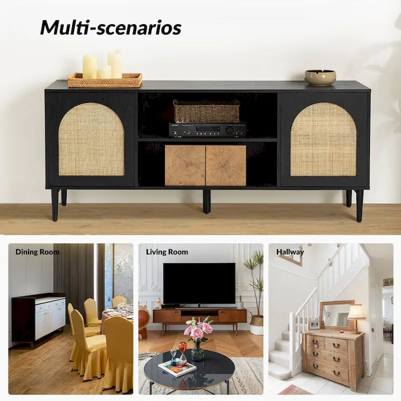 Meuble TV et centre de divertissement moderne en rotin tressé (avec portes à ouverture par pression)