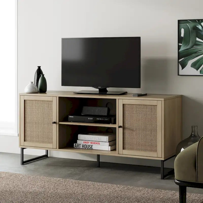 Meuble TV moderne console multimédia en bois de chêne et accents noirs avec portes de rangement