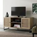 Meuble TV moderne console multimédia en bois de chêne et accents noirs avec portes de rangement