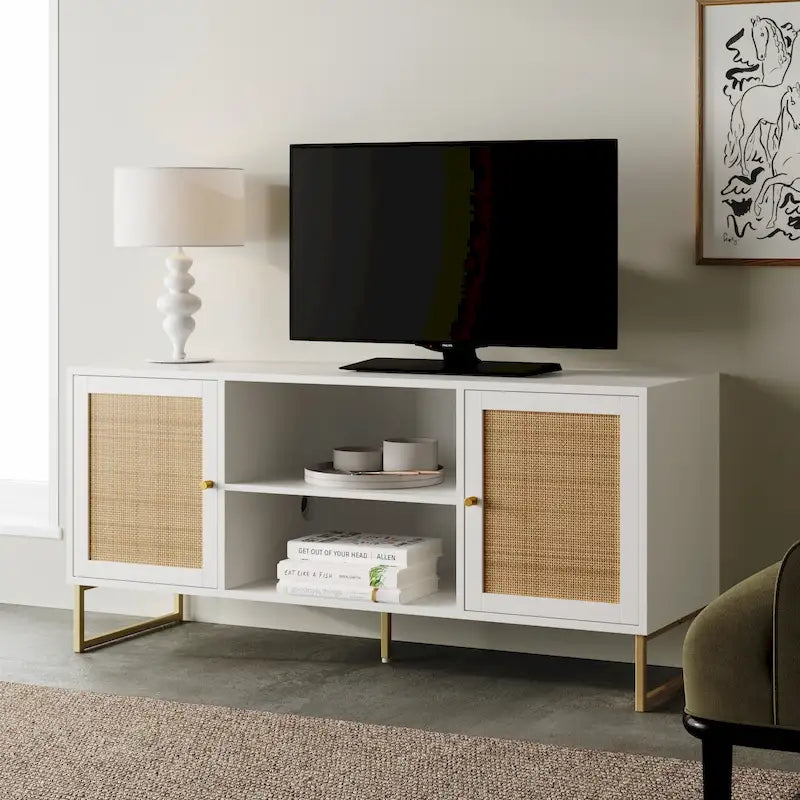 Modern TV Stand Entertainment Cabinet Media Console Oak Wood and Black Accents w/ Storage Doors