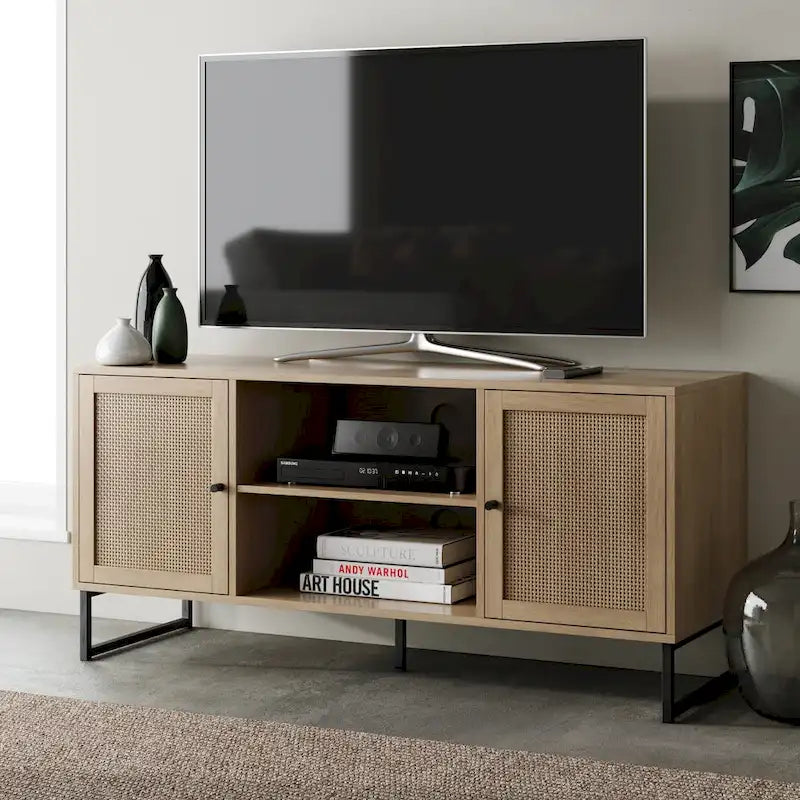 Nathan James Mina Modern TV Stand Entertainment Cabinet Media Console Oak Wood and Black Accents w/ Storage Doors