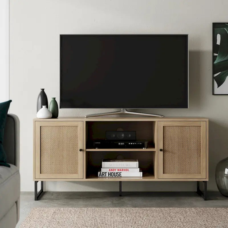 Meuble TV moderne console multimédia en bois de chêne et accents noirs avec portes de rangement