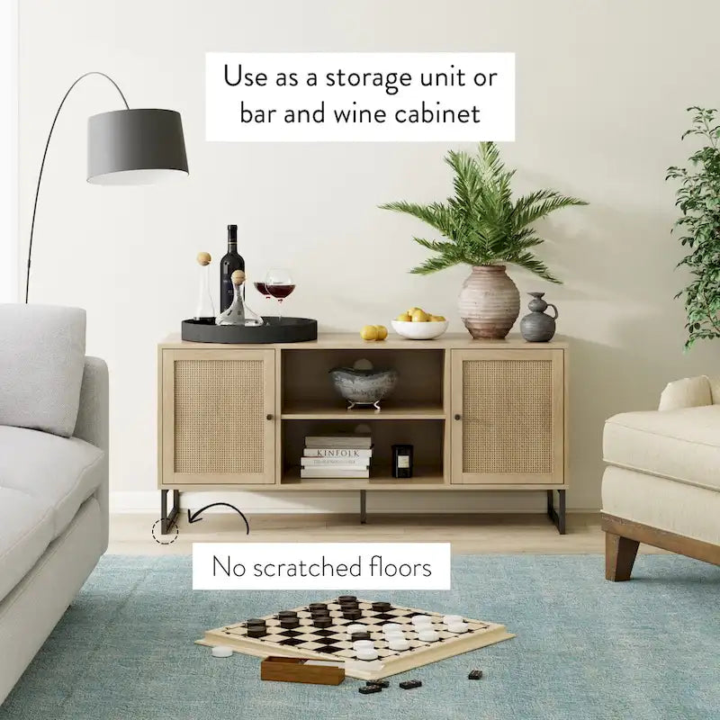 Modern TV Stand Entertainment Cabinet Media Console Oak Wood and Black Accents w/ Storage Doors