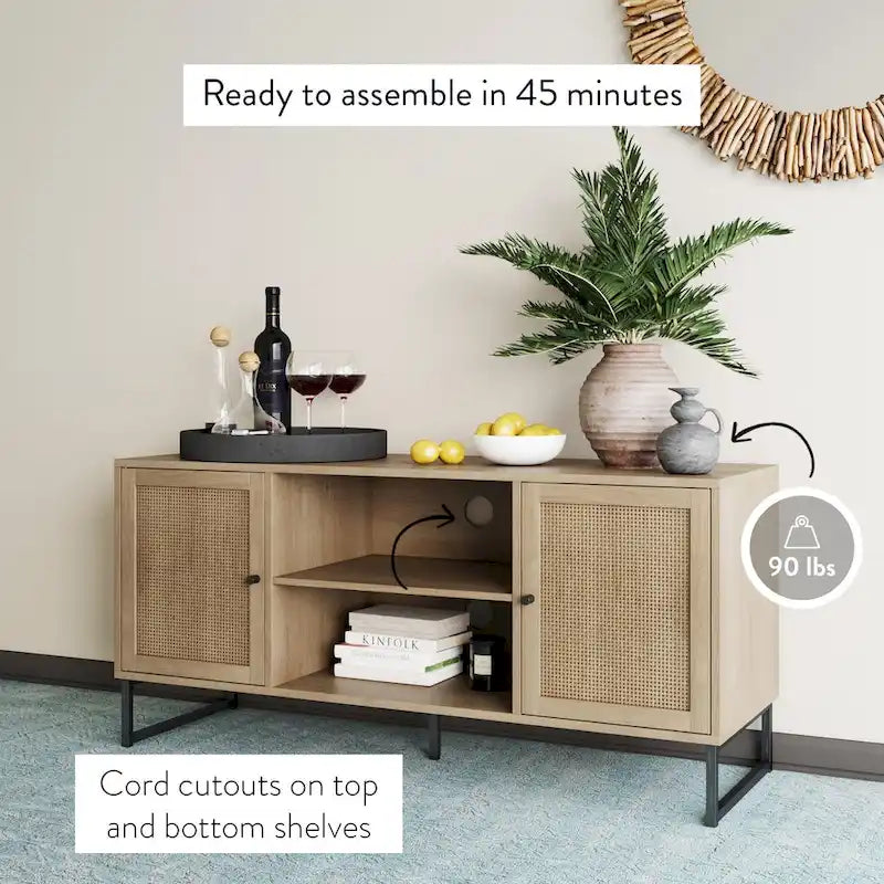 Meuble TV moderne console multimédia en bois de chêne et accents noirs avec portes de rangement