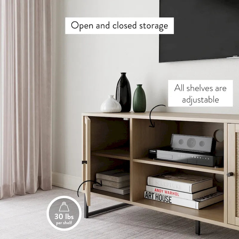 Meuble TV moderne console multimédia en bois de chêne et accents noirs avec portes de rangement