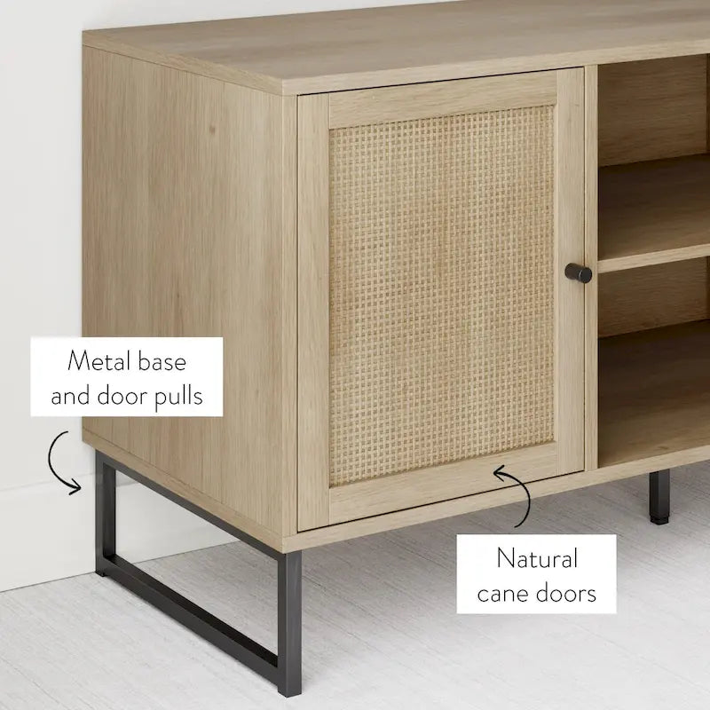 Meuble TV moderne console multimédia en bois de chêne et accents noirs avec portes de rangement