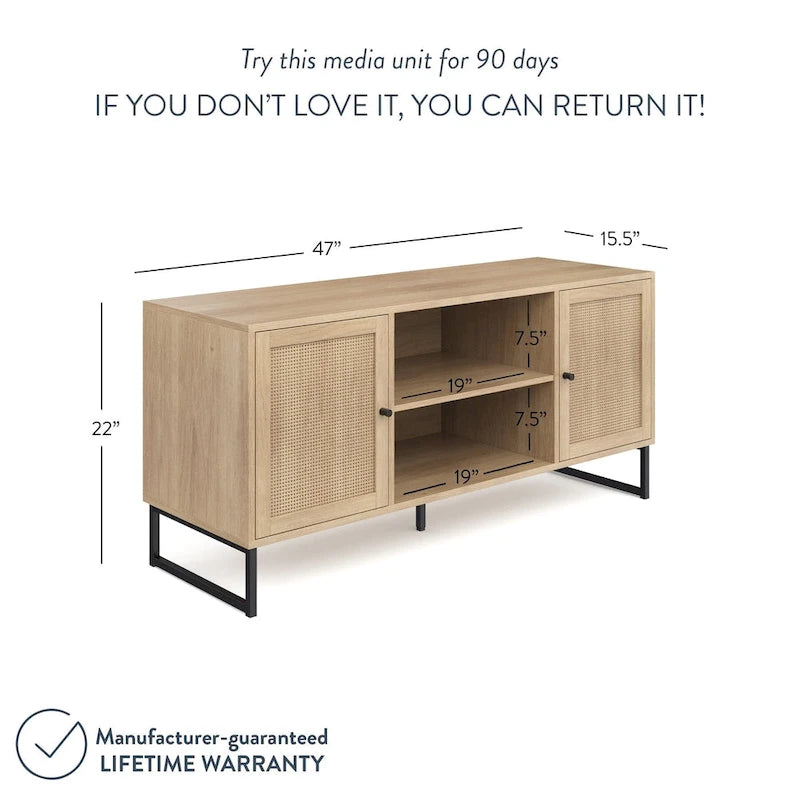 Meuble TV moderne console multimédia en bois de chêne et accents noirs avec portes de rangement