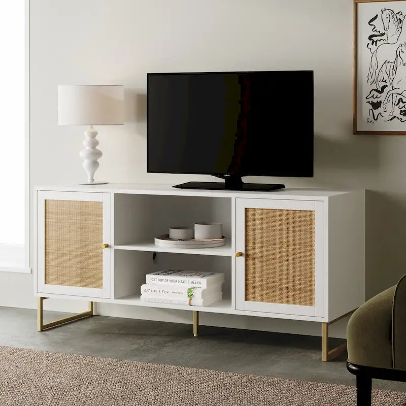 Meuble TV moderne console multimédia en bois de chêne et accents noirs avec portes de rangement