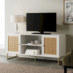 Meuble TV moderne console multimédia en bois de chêne et accents noirs avec portes de rangement