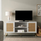 Meuble TV moderne console multimédia en bois de chêne et accents noirs avec portes de rangement
