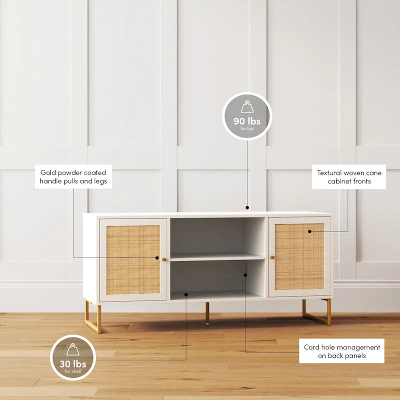 Meuble TV moderne console multimédia en bois de chêne et accents noirs avec portes de rangement