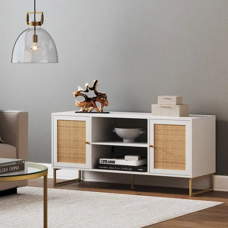Meuble TV moderne console multimédia en bois de chêne et accents noirs avec portes de rangement