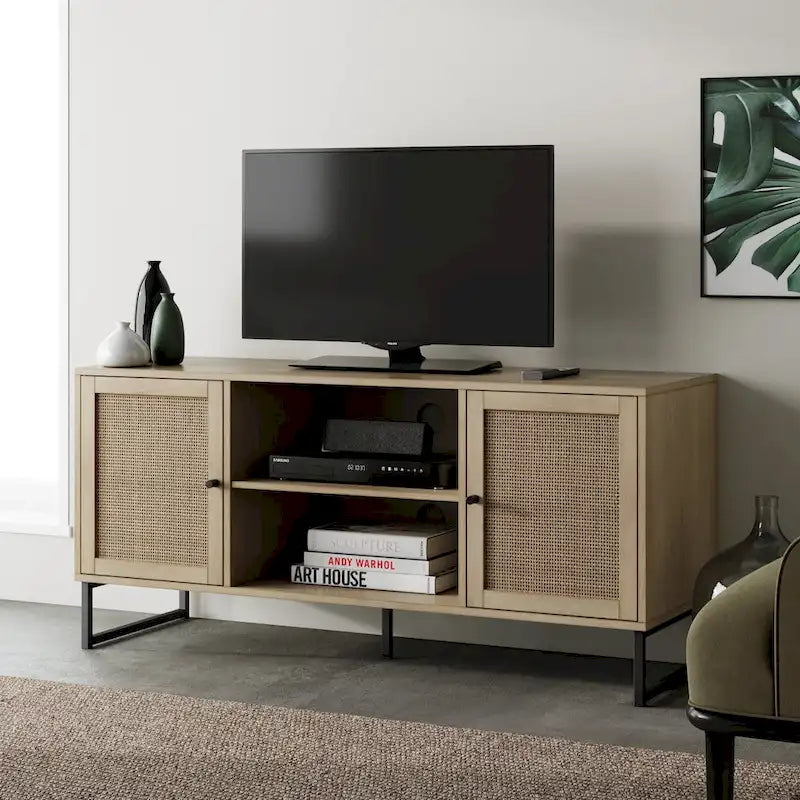 Meuble TV moderne console multimédia en bois de chêne et accents noirs avec portes de rangement