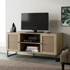 Meuble TV moderne console multimédia en bois de chêne et accents noirs avec portes de rangement