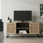 Meuble TV moderne console multimédia en bois de chêne et accents noirs avec portes de rangement