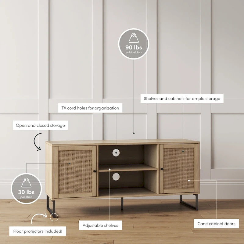 Meuble TV moderne console multimédia en bois de chêne et accents noirs avec portes de rangement